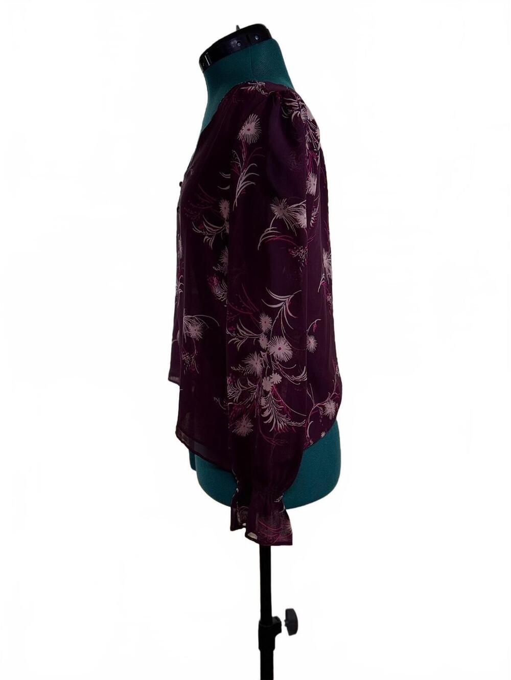 Joie 100% Silk Floral Blouse S Burgundy Sheer Sleeve Ruffle Cuff Button Front - Picture 3 of 10
